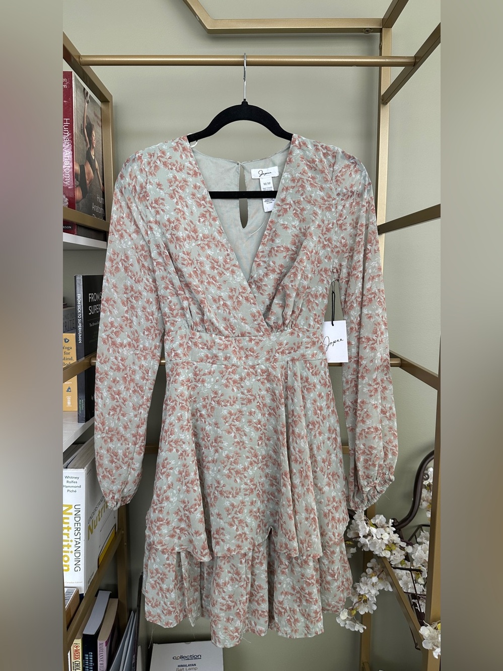 Japna Sage Green Long Sleeve Floral Wrap Dress with Dusty Pink Print